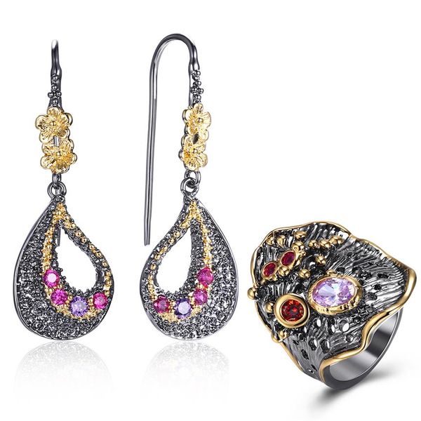 Lila Fuchsia Kristall Ohrringe Ring Schmuck Set Blatt Ohrhänger Hübsches 2-teiliges Schmuckset für Frauen Geburtstagsgeschenke225d