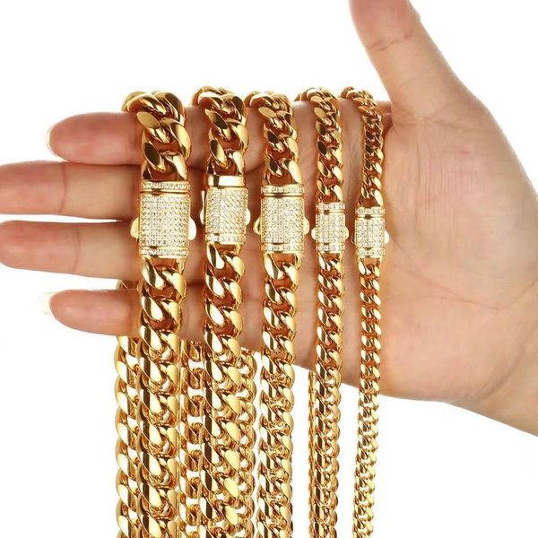 Miami Cuban Link Chain Necklace diamond cuban link bracelet with CNC Cubic Zirconia Box Clasp - 6/8/10/12/14mm - 18K Gold Plated - Men's and Women's Jewelry - Curb Choker Chain - 316L Stainless Steel - Sizes 18-30