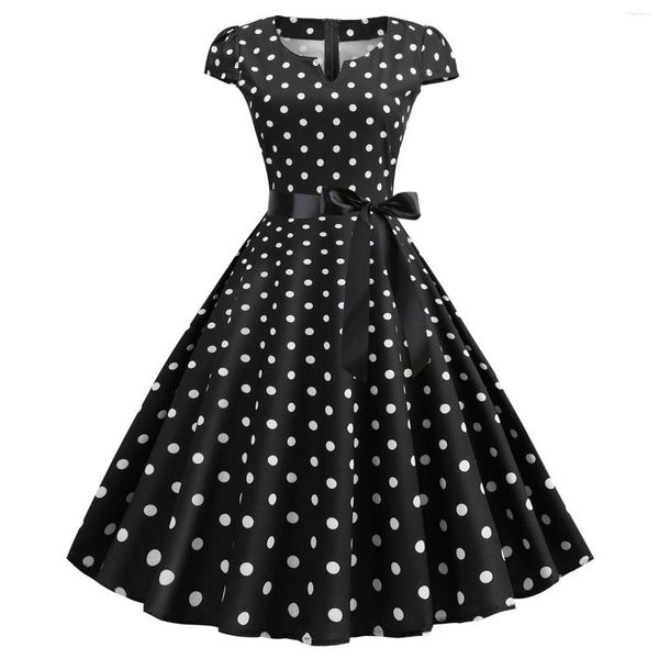 Sıradan Elbiseler Kadınlar Vintage 1950'ler Akşam Partisi Balo Elbise Zarif Kolsuz Polka Dot Baskı Yüksek Bel A-Line Yaz Vestidos