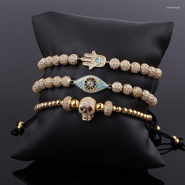 Strand Design Luxury Men Jewelry Placcato oro CZ Pave SkullHandEye Charm Bracciale regolabile con perline Set maschile