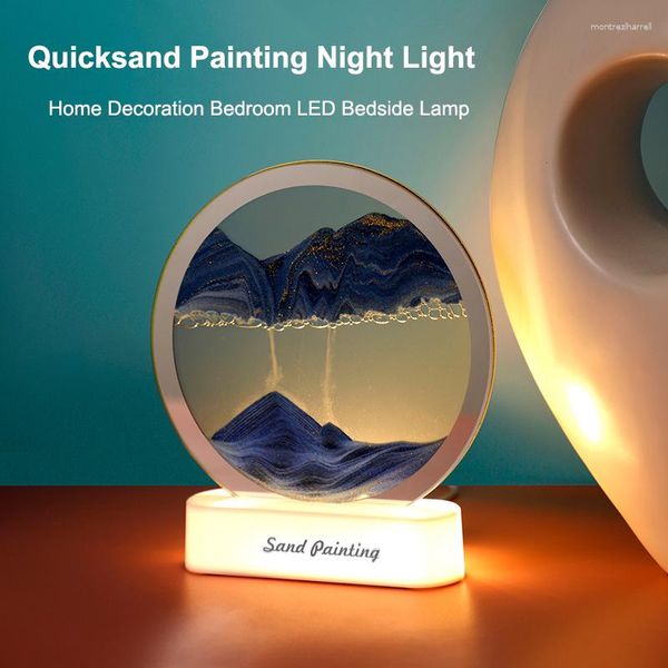 Lampade da tavolo Lampada a LED creativa 3D Moving Sand Painting Night Light USB Dynamic Clessidra Comodino per le luci dell'atmosfera della decorazione della stanza