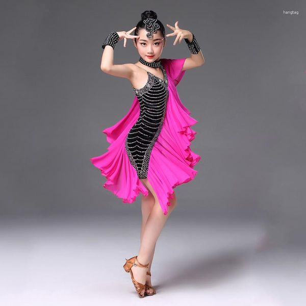 Stage Wear Pink Girl Professional Ballroom Latin Salsa Dance Dress Concorsi Costume Paillettes Abiti da ballo per bambini