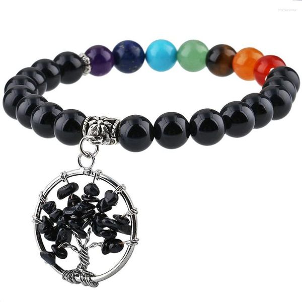 Charm-Armbänder SUNYIK 8 mm schwarzes Obsidian-Perlenarmband, Baum des Lebens, baumelnd, 7 Chakra-Perle, Yoga, Energie, Reiki, Heilung, Damenschmuck