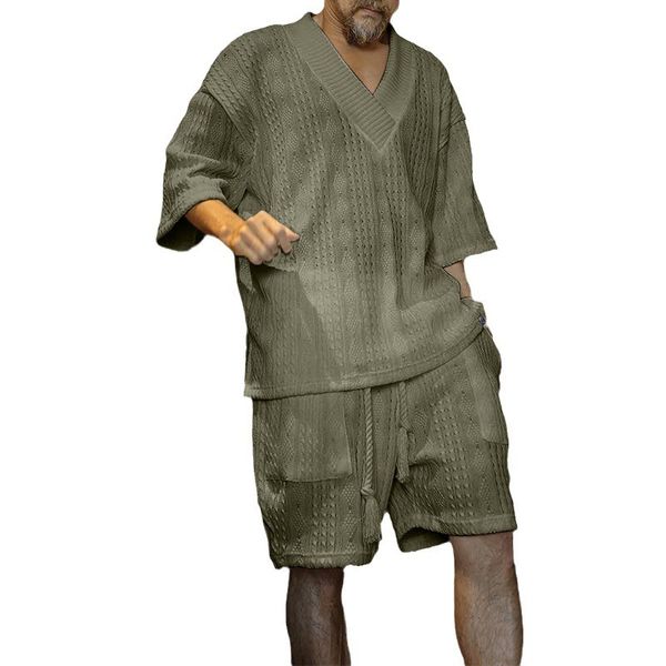 Conjunto de moletom masculino casual de duas peças com meia manga, decote em V, malha, top, shorts com cordão, roupas de rua soltas 230718