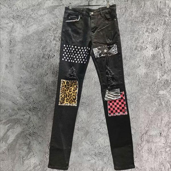 Herren Jeans Motorradhose Männer Punk Street Retro Ripped Kontrast Patchwork Muster Hip Hop Designer Hose