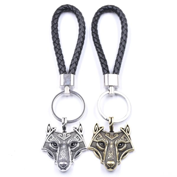 Popular Retro Leather Wolf Head Kichain Fashion Car Key Acessórios decoram os chaveiros para o amante presente