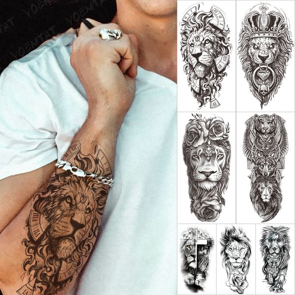 Autoadesivo del tatuaggio del braccio della manica temporanea impermeabile Orologio del leone Tiger Gear Scheletro Rosa tatuaggi Body Art Tatuaggio finto Uomo Donna Nero