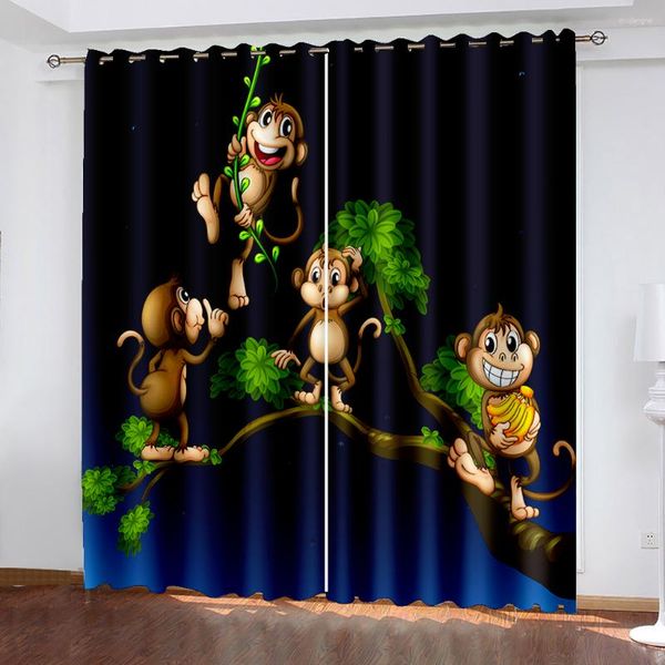 Vorhang 3D niedlicher Cartoon-Affe lustiger Zoo Kinder dünne Fenstervorhänge für Kinder Wohnzimmer Schlafzimmer Dekor 2 Stück
