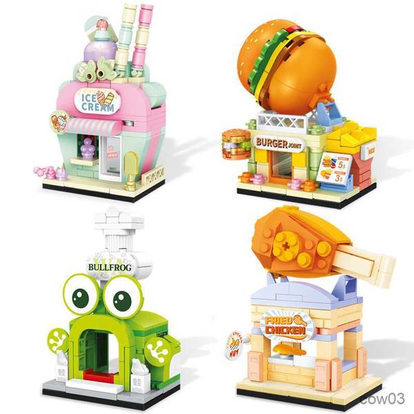 Блоки Cartoon Cities Street View Food Shops Детские пустынные дома строительные блоки Set Play House Собрать кирпичные игрушки для друзей R230718