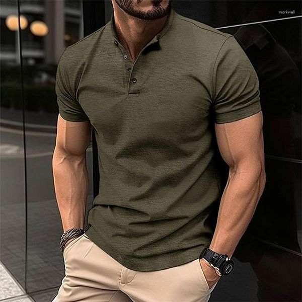 Magliette da uomo Abbigliamento vintage Estate Tempo libero Colore puro Colletto alla coreana T-shirt con bottoni per uomo Casual Slim Polo Streetwear Top