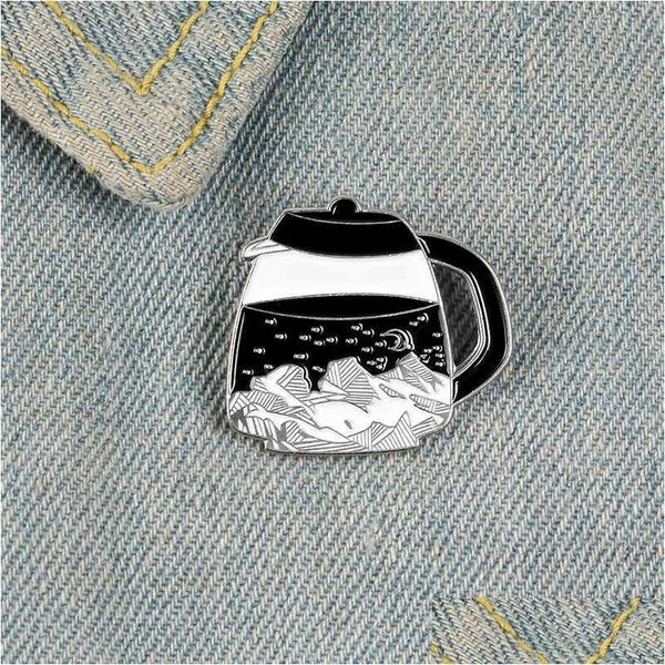 Pins Broschen Kaffeekanne Emaille Pins für Frauen Nachthimmel Sterne Mond Schwarz Abzeichen Berg Anstecknadel Kreativer Schmuck Geschenk an einen Freund Dhbzm