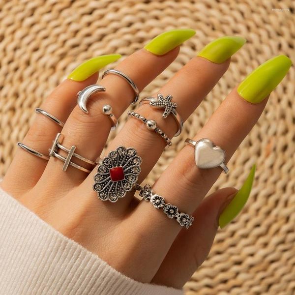 Cluster Ringe Vintage Silber Farbe Mond Ring Sets Für Frauen Trendy Herz Seestern Blumen Geometrische Joint Schmuck Anillo 16731