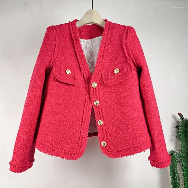 Giacche da donna Negozio su misura di alta qualità Personalizza Cappotto corto intrecciato con ampio scollo a V con bordo sfrangiato Tessuto in tweed Top in cotone