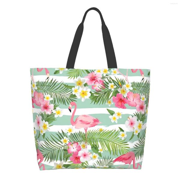 Einkaufstaschen, Flamingos-Tasche, wiederverwendbar, tropische Blätter, Tragetasche, grün, Schulter, lässig, leicht, großes Fassungsvermögen