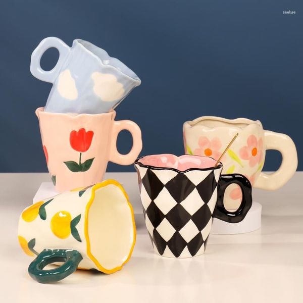 Tazze personalizzate dipinte a mano orso tulipano fiore arancione nuvola ceramica artigianale forma irregolare tazze da caffè bella tazza regalo