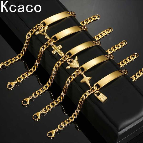 Kcaco Gravar Nome Cruz Coração Pulseira Aço Inoxidável Para Homens Mulheres Ajustável Corrente Cubana Personalizada Jóias Presente L230620