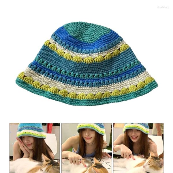 Berets Summer Sunproof Crochet Bucket Hat Ladies Spring Commute Commute Camping Fisherman Cap с полосой для подруги DXAA