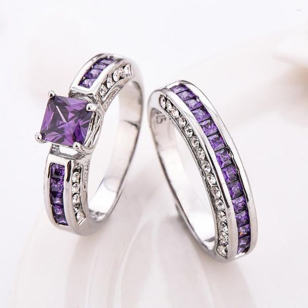 Cluster Anéis 2 PÇS Jóias de Dedo de Casamento Cor Prata 1,5 Ct Princesa Roxo Zircônia Cúbica Conjunto Feminino Anel Bijoux