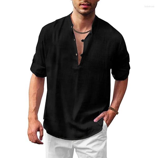 Camisetas masculinas 2023 moda blusa casual camisa de linho de algodão solto tops manga longa camiseta primavera verão bonito