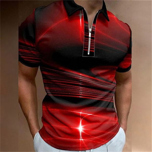 Polo da uomo Moda Abbigliamento da uomo Polo Casual Colletto rovesciato Cerniera Abbigliamento da golf Ladder Stampa T-shirt a maniche corte Uomo Polo Top 230717