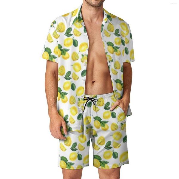 Agasalhos masculinos amarelo limão estampado conjuntos masculinos frutas shorts casuais praia conjunto verão havaiano terno personalizado manga curta roupas plus size