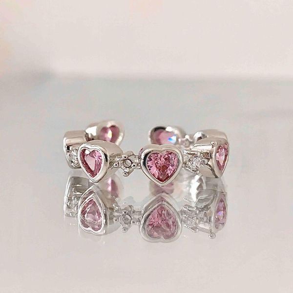 Cluster Rings S925 Anel de Prata Esterlina Para Mulheres Sweet Cool Girl Pink Zircon Love Luxury Jewelry Design Moda Bonito Ajustável