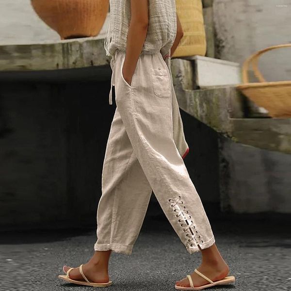 Kadınlar Pantolon Günlük Baggy geniş Bacak Beyaz Gevşek Drawstring Yüksek Bel Street Giyim Pamuk Keten Kadınlar Düz Pantolon