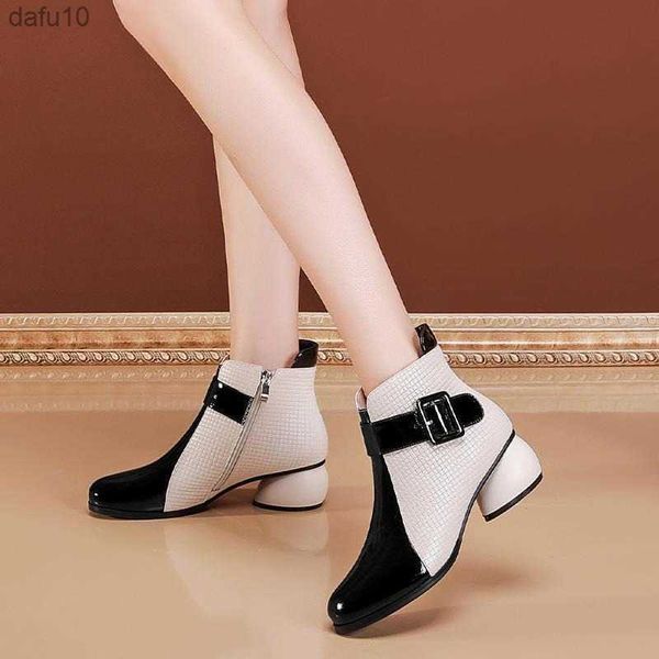 Botins Salto Alto Bico Pontudo Confortável Elegante Genuíno Couro PU Bota Retrô Feminino Sapatos Concisos Feminino Botines Mujer L230704