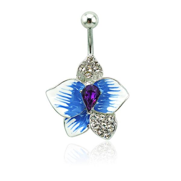 Brand New Belly Button Rings Bilancieri in acciaio inossidabile 316L Smalto blu Fiore Navel Body Piercing Jewelry276J