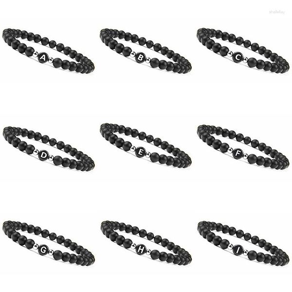 Charm-Armbänder, Lavastein-Armband, glatter Anfangsbuchstabe, schwarze Perle für Männer, Frauen, Mädchen, 6 mm