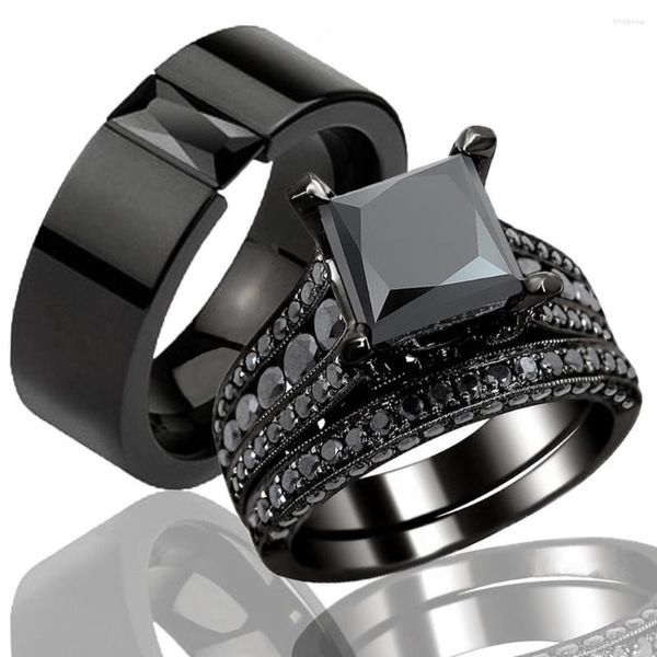 Cluster Ringe Mode Paar Schmuck Liebhaber Frauen Schwarz Zirkon Verlobungsring Set Herren Edelstahl Ehering Jubiläumsgeschenk