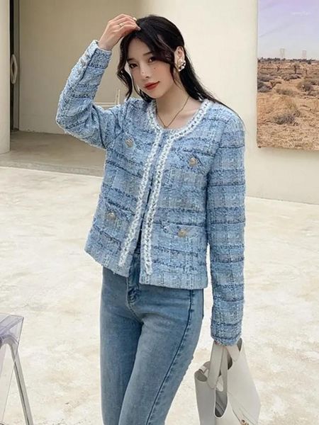 Damen Jacken Runway Herbst Winter Chic OL Arbeitskleidung Woolen Tweed Plaid Jacke Süße Luxus Blaue Mäntel Weibliche Oberbekleidung Casacos