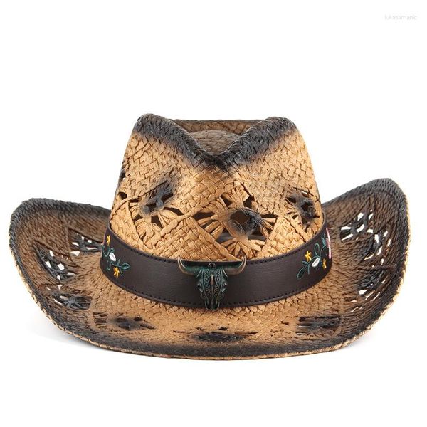 Chapéus de aba larga verão proteção solar ao ar livre chapéu de palha de cowboy para homens e mulheres boné de praia grama natural feito à mão chapéu de sol de cowgirl B16