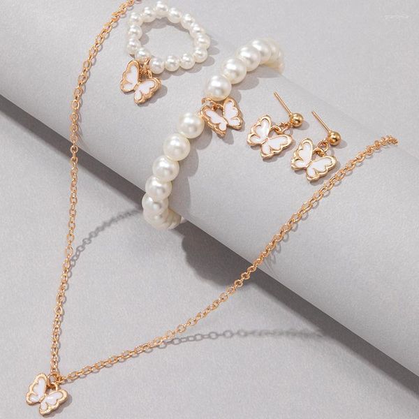 Collana Orecchini Set Moda Farfalla Perla Pietra 4/Piece Bracciale da donna con anello geometrico semplice Gioielli da sposa