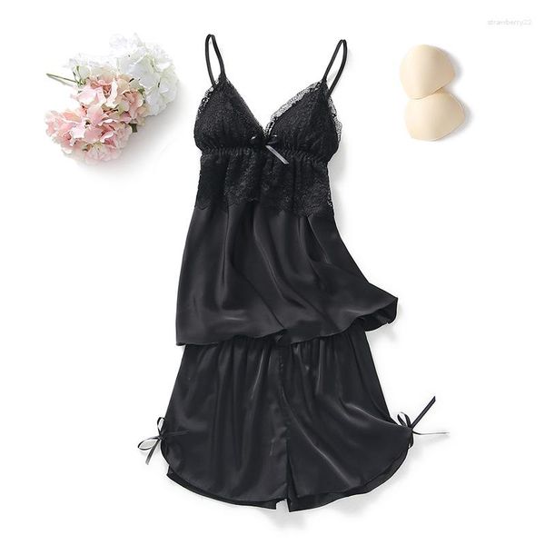 Женская одежда для сна, сексуальные 2pcs пижамы, наборы черных летних женских кружев