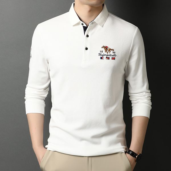 Erkek Polos Üst düzey Lüks Erkek Erkek Gömlek% 100 Pamuklu Yakası Nakış Kore Trend Moda Günlük Dip Uzun Kollu Sonbahar 230717