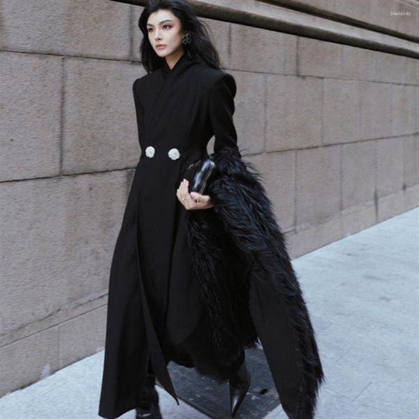 Женские траншевые пальто черное ретро двадушное пальто весна осень зима длинно
