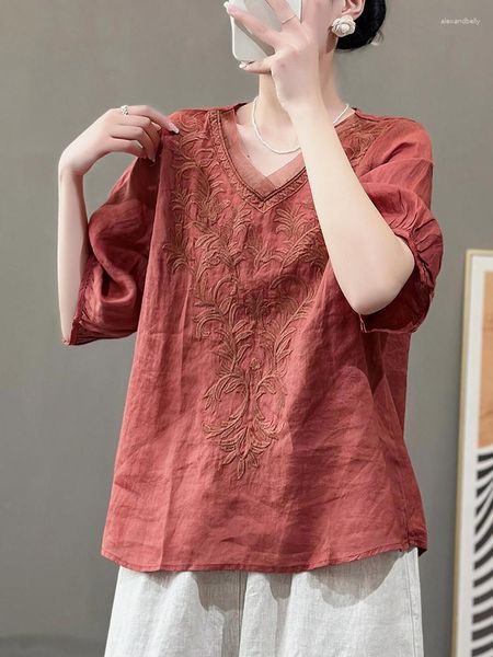 Damen T-Shirts Sommer Womans Stickerei Baumwolle T-Shirts Kausal Solide V-Ausschnitt Kurzarm T-Shirt Lose Vintage Weibliche Harajuku Bluse Dame