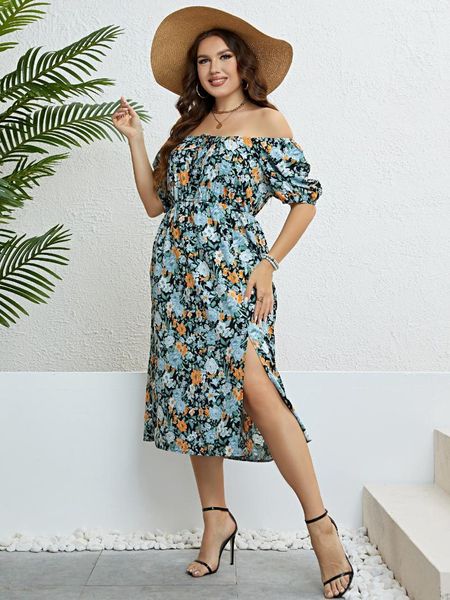 Plus Größe Kleider Floral Print Knoten Vorne Puff Sleeve Kleid Frauen Sommer 2023 Boho Urlaub Elastische Taille Süße Split Lange