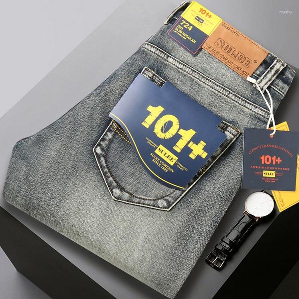 Jeans Masculino 2023 Liso Algodão Leve Stretch Jeans Negócios Casual Cintura Média Fino Cinza Claro Azul Preto Hombre