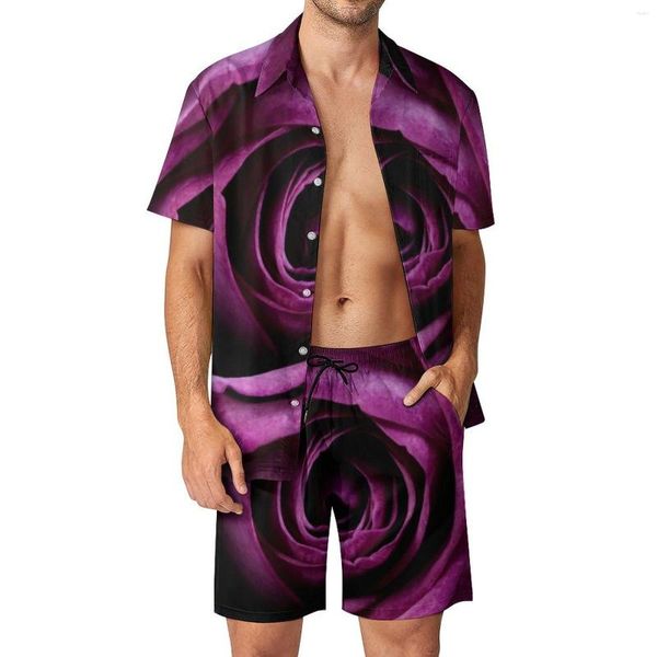 Fatos de treino masculinos Conjuntos masculinos com estampa de flores Roxo rosa Shorts casuais verão vintage Conjunto de camisas de praia manga curta gráfico de grandes dimensões Terno presente