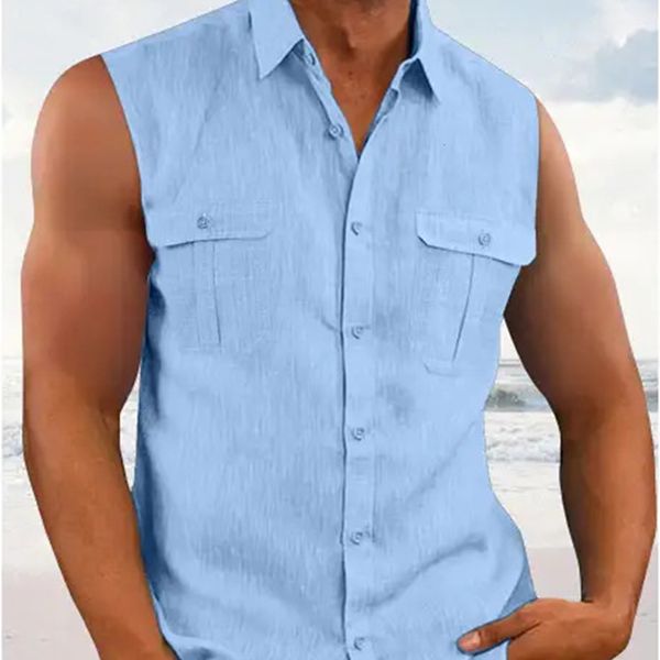 Camicie casual da uomo in lino di cotone tinta unita senza maniche estate moda uomo risvolto completamente abbinato a semplice abbigliamento casual da vacanza 230718