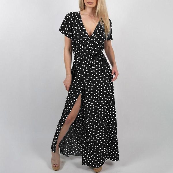 Повседневные платья винтажные точечные печатные шифоновые платья Женщины 2023 Summer Beach Midi Ruffles Lace Up Sexy V Seal