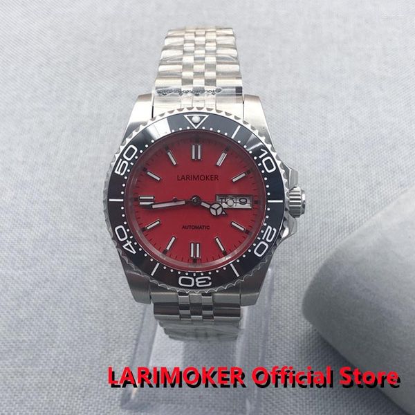 Relógios de Pulso LARIMOKER 40mm Polido Automático Homem 24Jóias Relógio Aço Inoxidável Shall Take Pulseira NH36 Movimento Safira Vermelho Mostrador