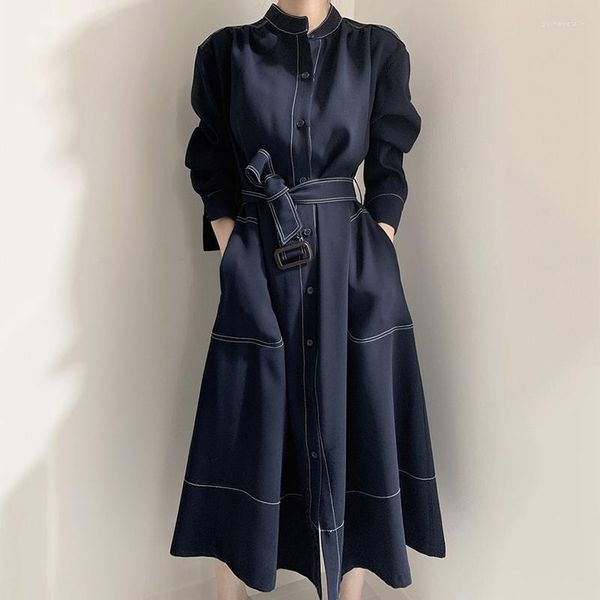 Trench da donna Corea Giacca elegante minimalista 2023 Colletto rialzato Linea chiara Monopetto Cappotto allentato