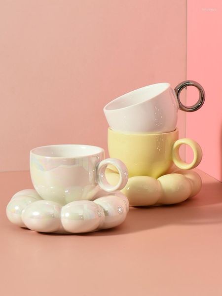 Tazze Piattini Set di bicchieri Bella tazza da caffè in ceramica girasole con piattino Tè pomeridiano Fiore Carino Ins