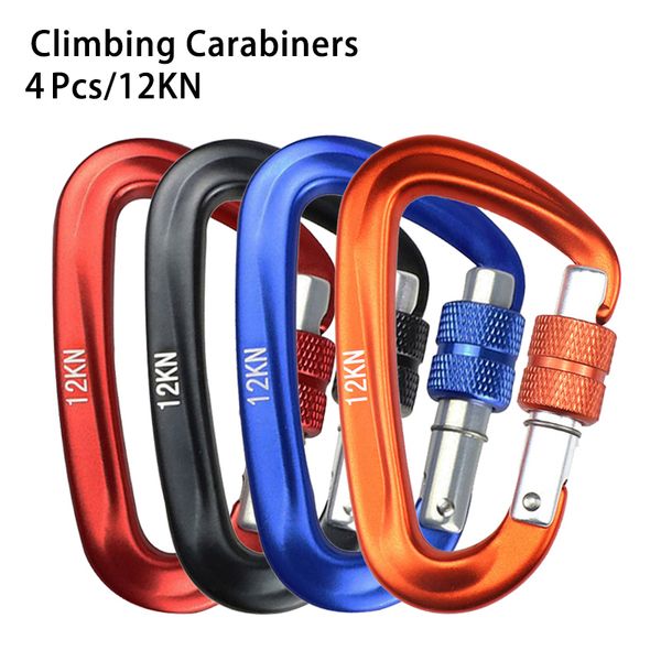 Corde da arrampicata 4 pezzi Moschettone a forma di D con chiusura a vite 12KN Gancio fisso multifunzionale a sospensione rapida Fibbie EDC per esterni Portachiavi con catena per cani 230717