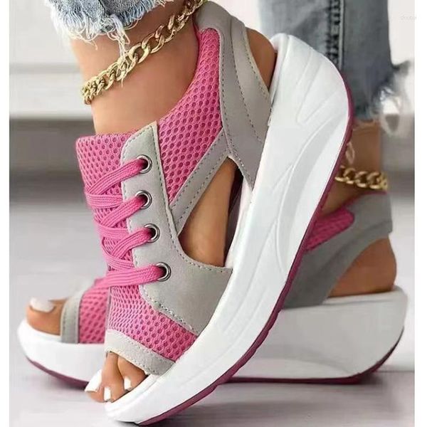 Sandalen Sommer Damen Mode Schuhe Lässige flache Peep Toe Kontrast getäfelte Ausschnitt Schnür-Muffin-Plattform Sport-Sandalen
