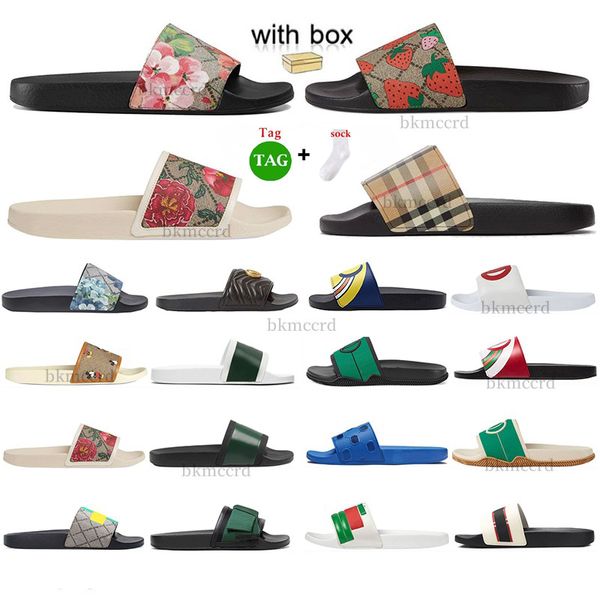 Designers Floral Sandália Borracha Slides Homens Mulheres Preto Floral Morango Impressão Web Borracha Slide Canvas Flores Verdes Sandália Verão Flat Slipper