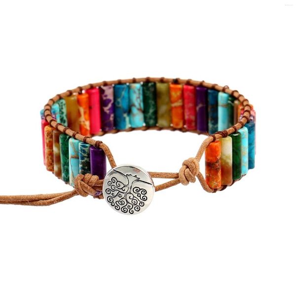 Charm Armbänder Vintage Ethnische Handgemachte Paar Schmuck 7Chakra Mehrfarbige Natursteine Wappen Leder Wrap Perlen Armband Für Männer Und